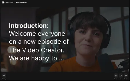 Person with short dark hair wearing headphones speaking into a microphone during a Riverside video podcast titled 'Kendall Podcast' with text introducing a new episode of The Video Creator.